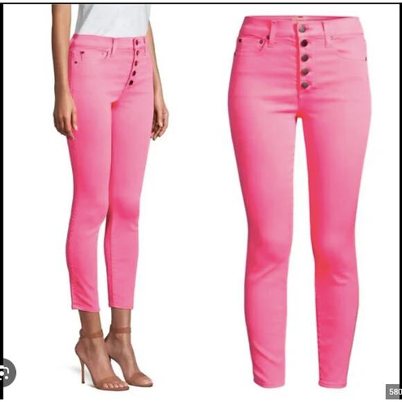 ALICE + OLIVIA Good High Rise Exposed Button‎ Fly Jean Neon Pink Skinny Ankle 26 - Picture 1 of 7